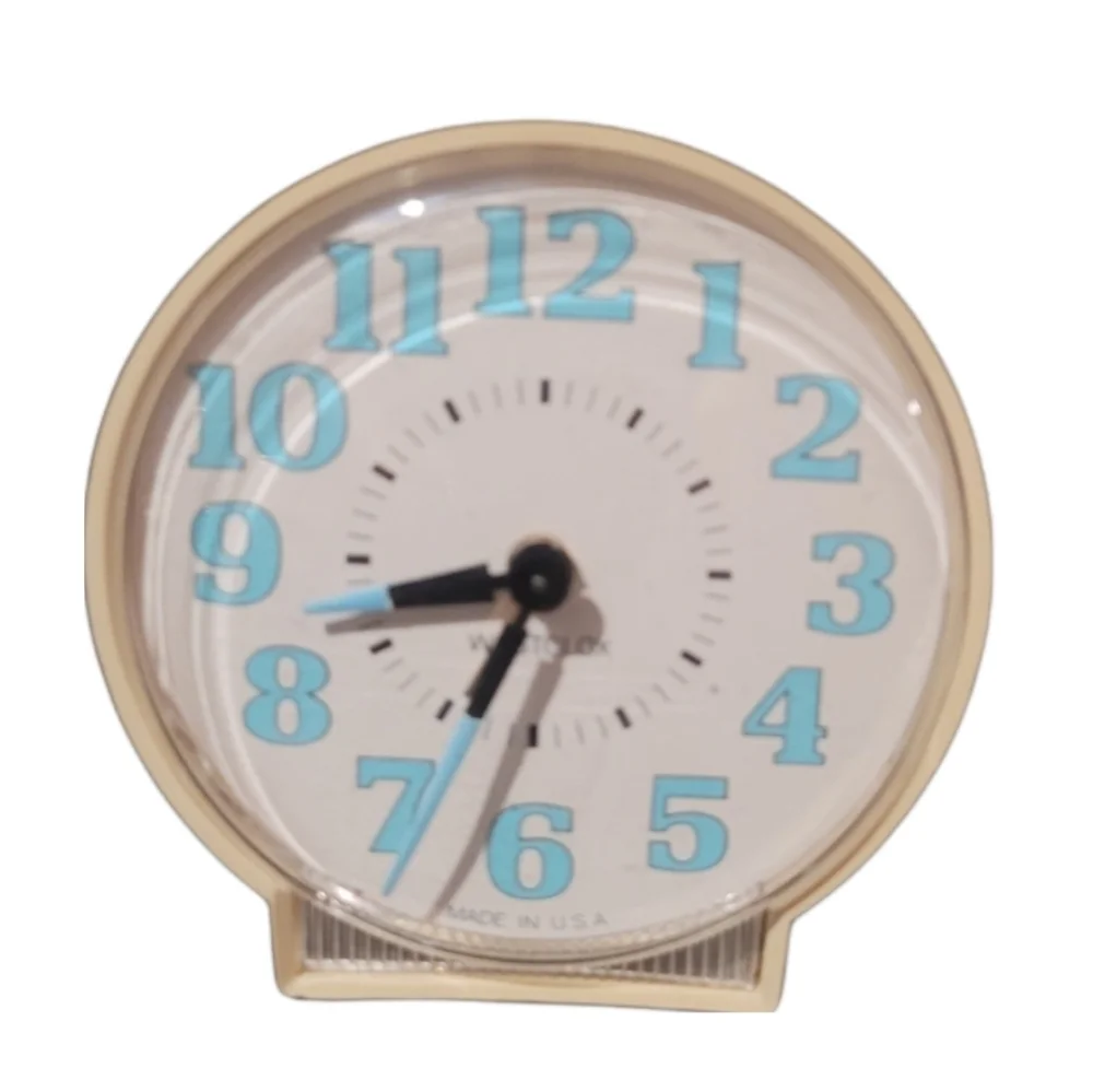 Westclox MCM Cream and‎ Blue Glow in The Dark Wind Up Travel Alarm Clock